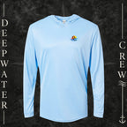 Blue Mist Deepwater Crew Co. Bluewater Strike UPF 50+ performance hoodie, front view with small DC sunset and ocean wave chest logo.