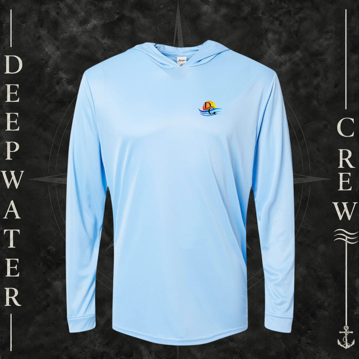 Blue Mist Deepwater Crew Co. Bluewater Strike UPF 50+ performance hoodie, front view with small DC sunset and ocean wave chest logo.