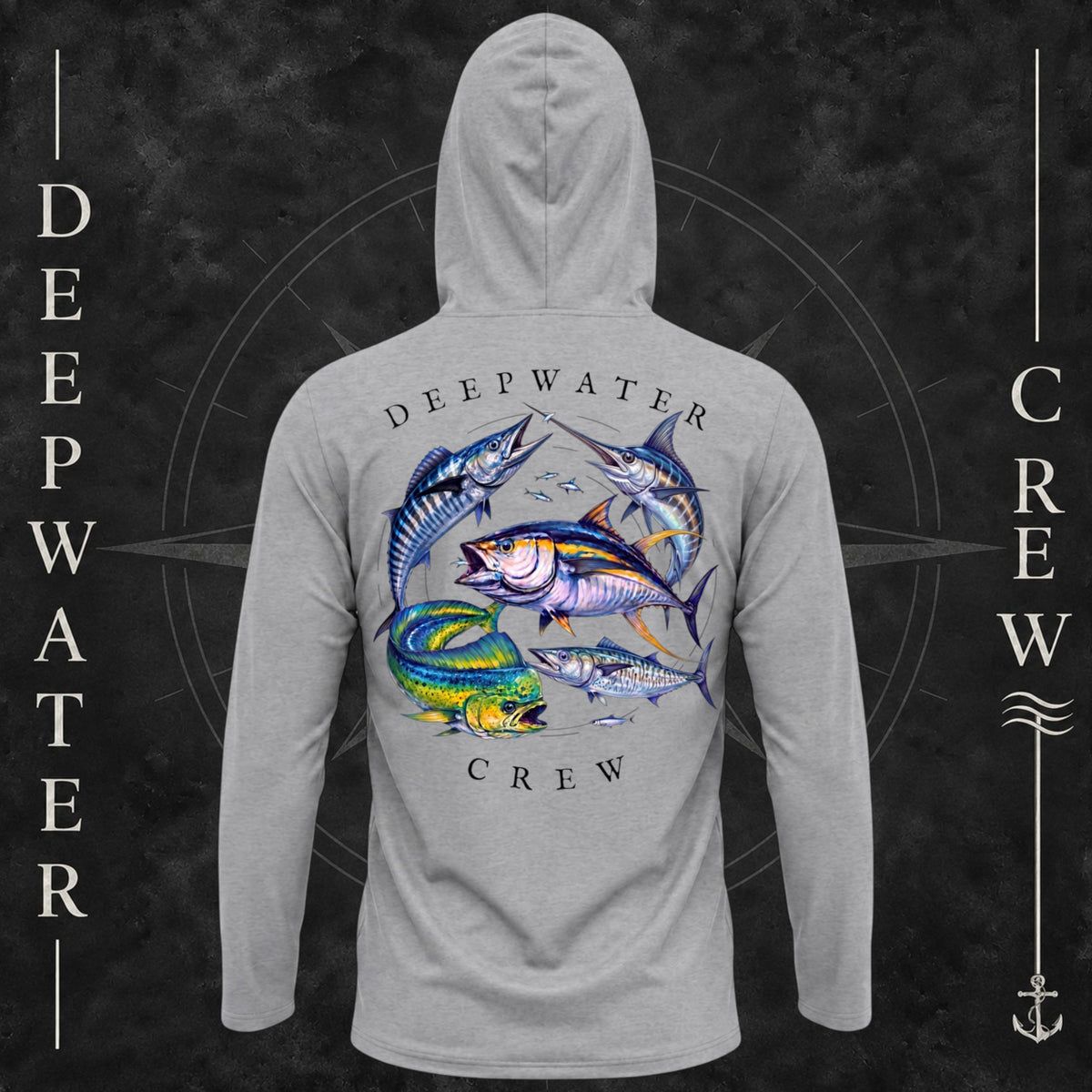 Heather Gray Deepwater Crew Co. Bluewater Strike UPF 30 performance hoodie, back view with large colorful pelagic game fish collage and Deepwater Crew lettering.