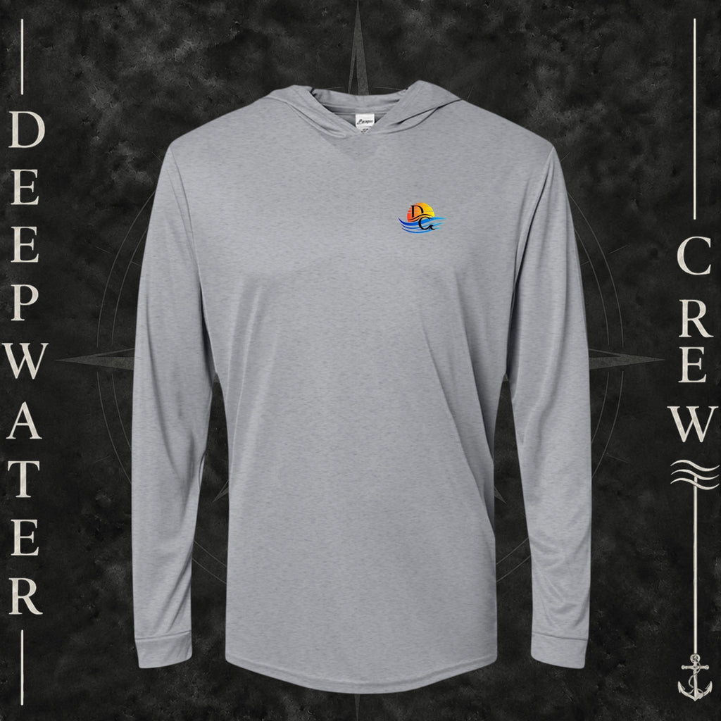 Heather Gray Deepwater Crew Co. Bluewater Strike UPF 30 performance hoodie, front view with small DC sunset and ocean wave chest logo.