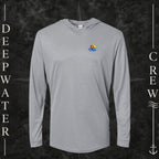 Heather Gray Deepwater Crew Co. Bluewater Strike UPF 30 performance hoodie, front view with small DC sunset and ocean wave chest logo.