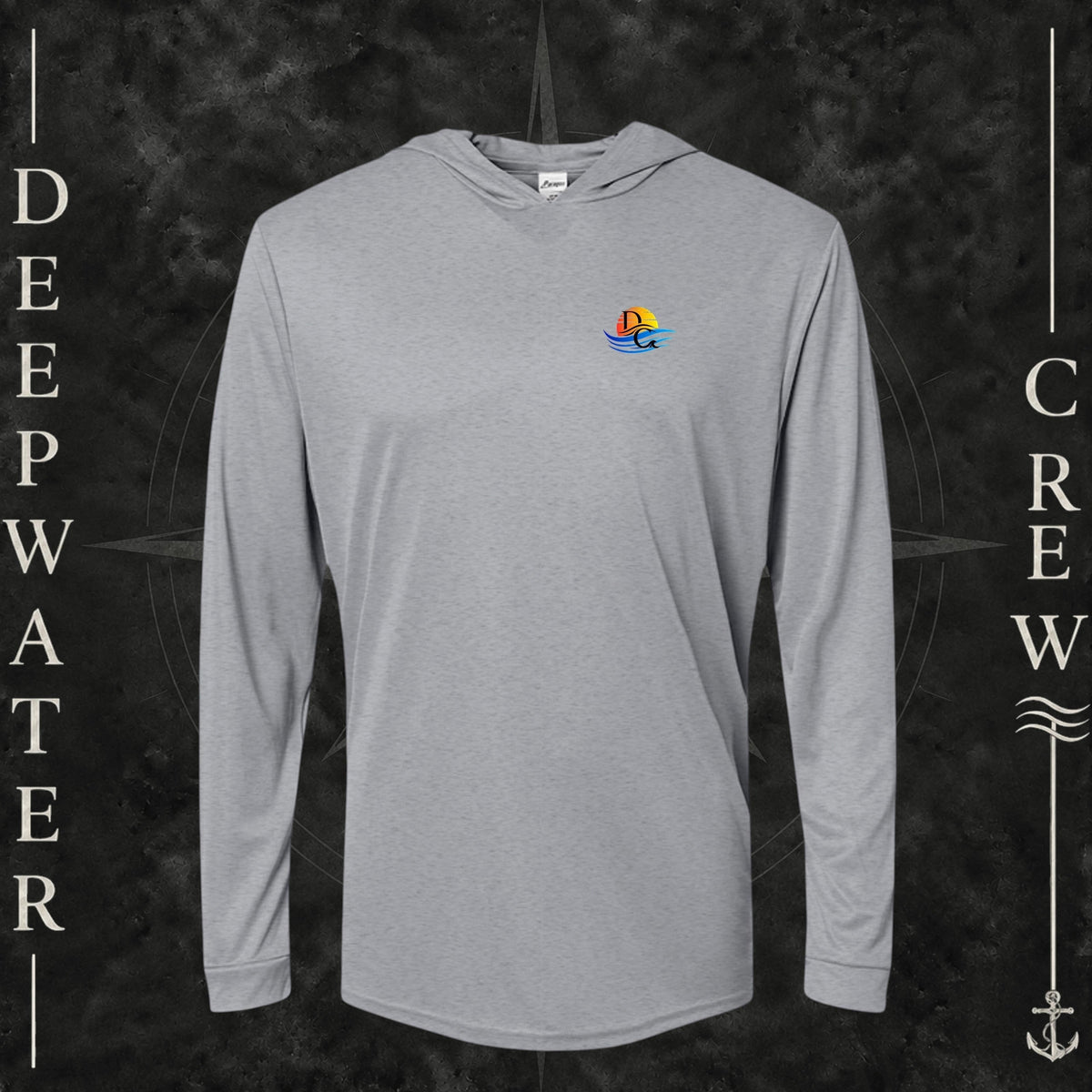 Heather Gray Deepwater Crew Co. Bluewater Strike UPF 30 performance hoodie, front view with small DC sunset and ocean wave chest logo.