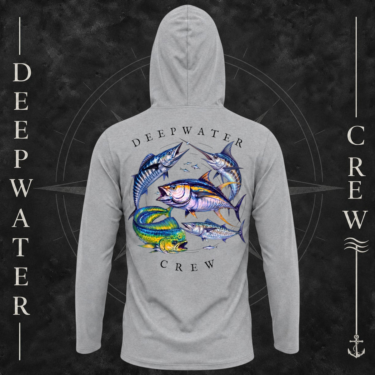 Medium Gray Deepwater Crew Co. Bluewater Strike UPF 50+ performance hoodie, back view with large colorful pelagic game fish collage and Deepwater Crew lettering.
