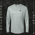 Medium Gray Deepwater Crew Co. Bluewater Strike UPF 50+ performance hoodie, front view with small DC sunset and ocean wave chest logo.
