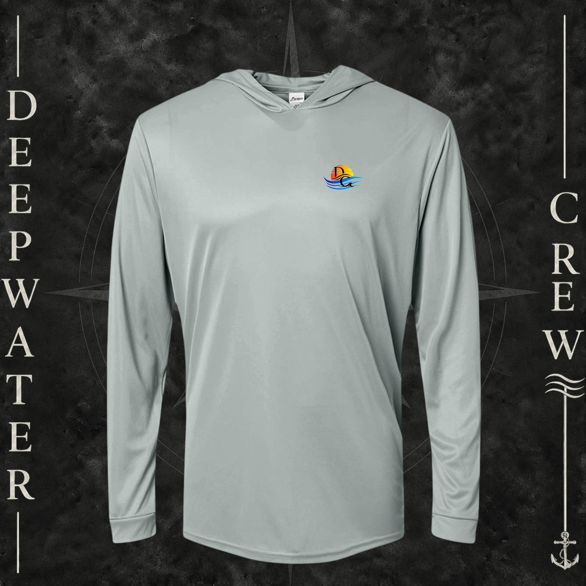 Medium Gray Deepwater Crew Co. Bluewater Strike UPF 50+ performance hoodie, front view with small DC sunset and ocean wave chest logo.