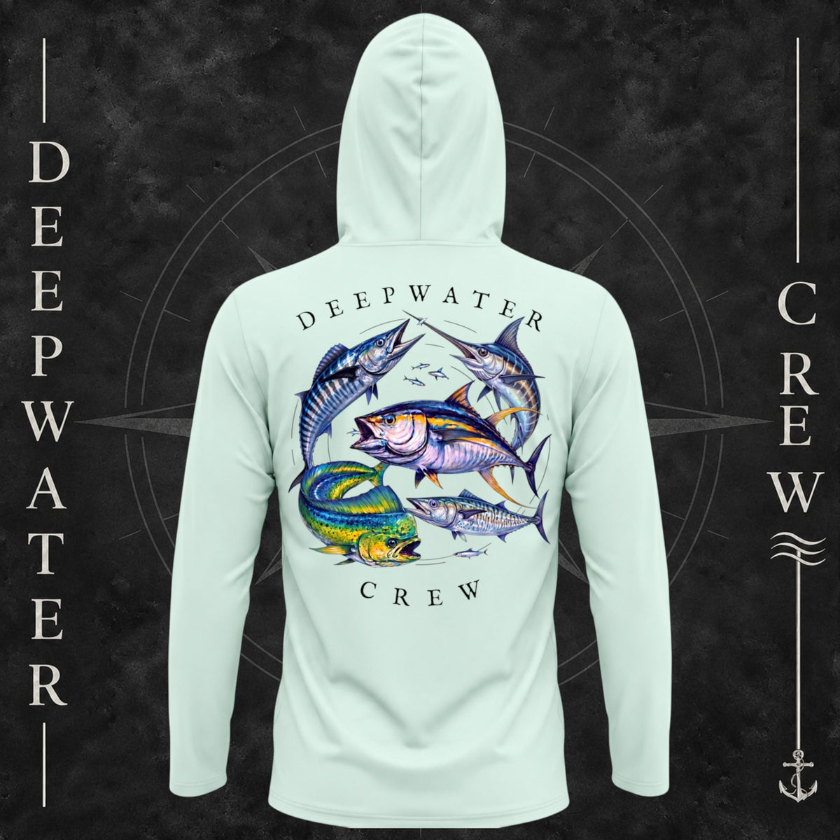 Mint Green Deepwater Crew Co. Bluewater Strike UPF 50+ performance hoodie, back view with large colorful pelagic game fish collage and Deepwater Crew lettering.