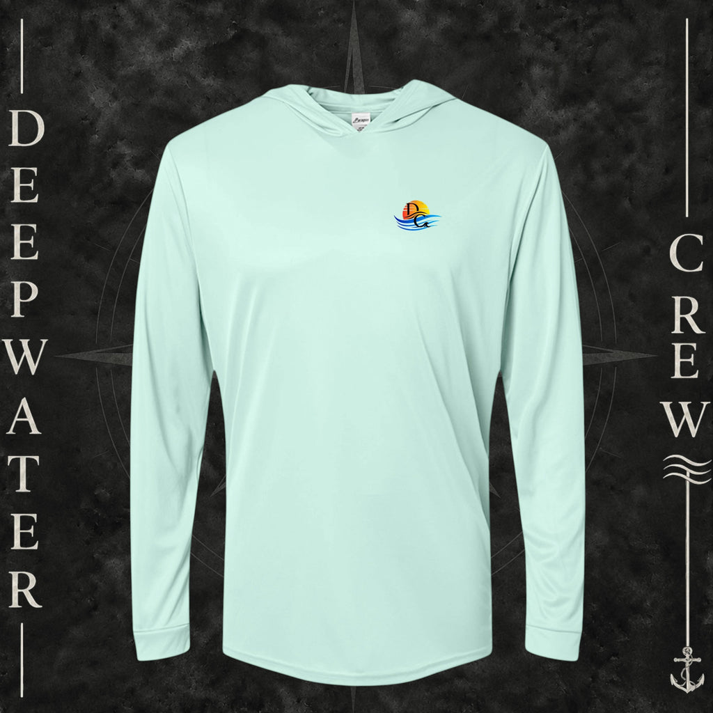 Mint Green Deepwater Crew Co. Bluewater Strike UPF 50+ performance hoodie, front view with small DC sunset and ocean wave chest logo.