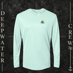 Mint Green Deepwater Crew Co. Bluewater Strike UPF 50+ performance hoodie, front view with small DC sunset and ocean wave chest logo.