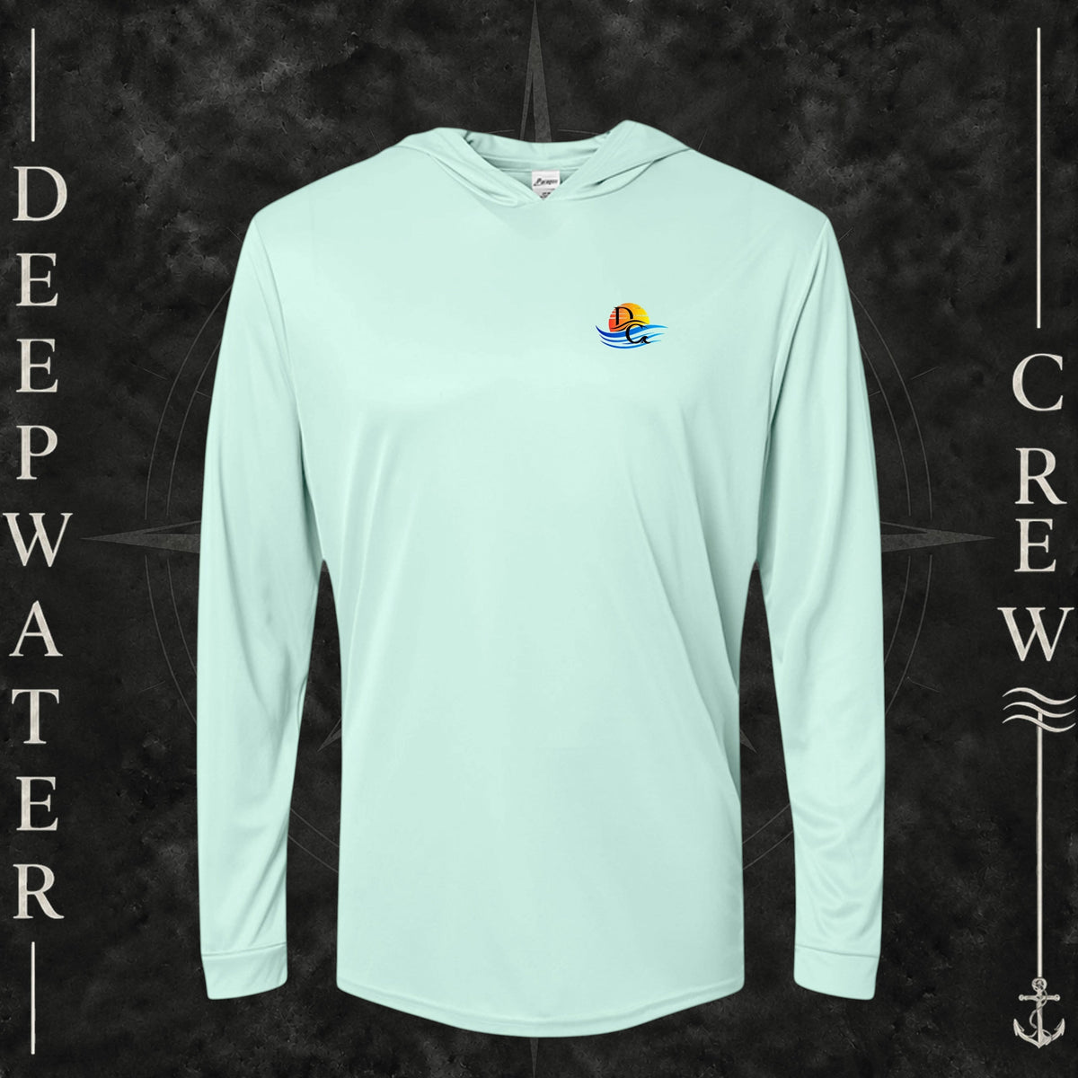 Mint Green Deepwater Crew Co. Bluewater Strike UPF 50+ performance hoodie, front view with small DC sunset and ocean wave chest logo.