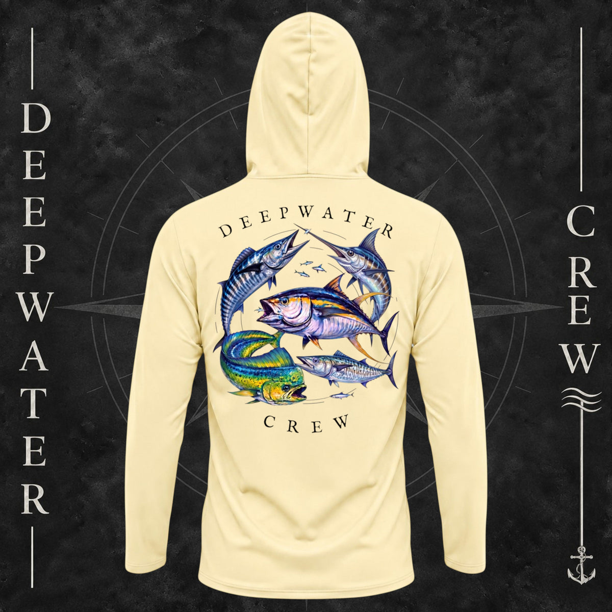 Pale Yellow Deepwater Crew Co. Bluewater Strike UPF 50+ performance hoodie, back view with large colorful pelagic game fish collage and Deepwater Crew lettering.
