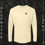 Pale Yellow Deepwater Crew Co. Bluewater Strike UPF 50+ performance hoodie, front view with small DC sunset and ocean wave chest logo.