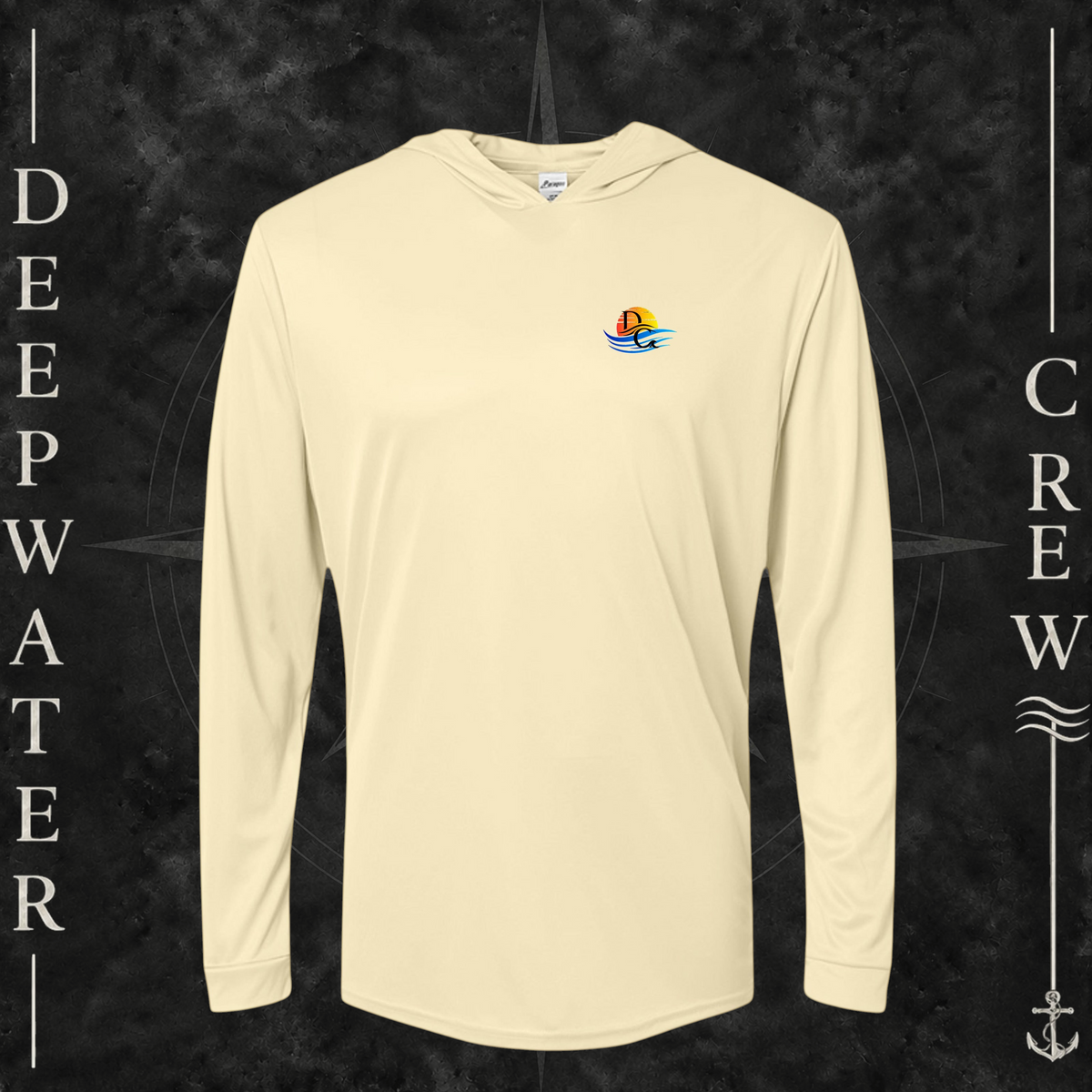 Pale Yellow Deepwater Crew Co. Bluewater Strike UPF 50+ performance hoodie, front view with small DC sunset and ocean wave chest logo.