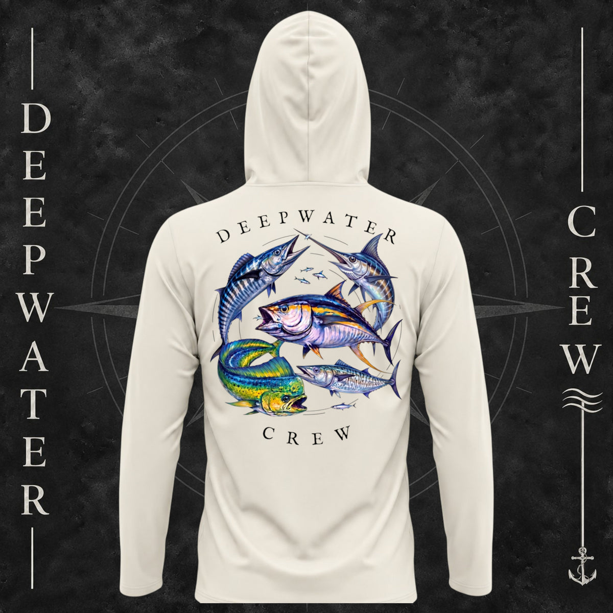 Sand Deepwater Crew Co. Bluewater Strike UPF 50+ performance hoodie, back view with large colorful pelagic game fish collage and Deepwater Crew lettering.