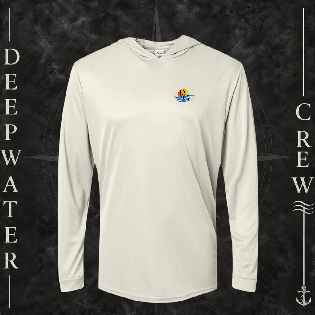 Sand Deepwater Crew Co. Bluewater Strike UPF 50+ performance hoodie, front view with small DC sunset and ocean wave chest logo.