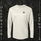 Sand Deepwater Crew Co. Bluewater Strike UPF 50+ performance hoodie, front view with small DC sunset and ocean wave chest logo.