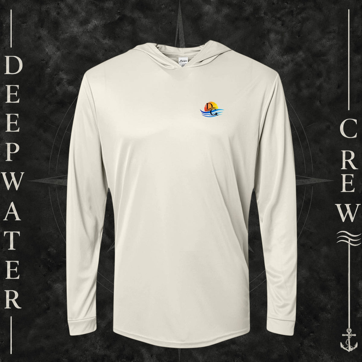 Sand Deepwater Crew Co. Bluewater Strike UPF 50+ performance hoodie, front view with small DC sunset and ocean wave chest logo.