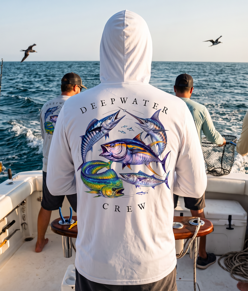 Man wearing a white Deepwater Crew Co. Bluewater Strike UPF 50+ performance hoodie, back view with colorful pelagic game fish collage and Deepwater Crew lettering while offshore fishing on a boat.