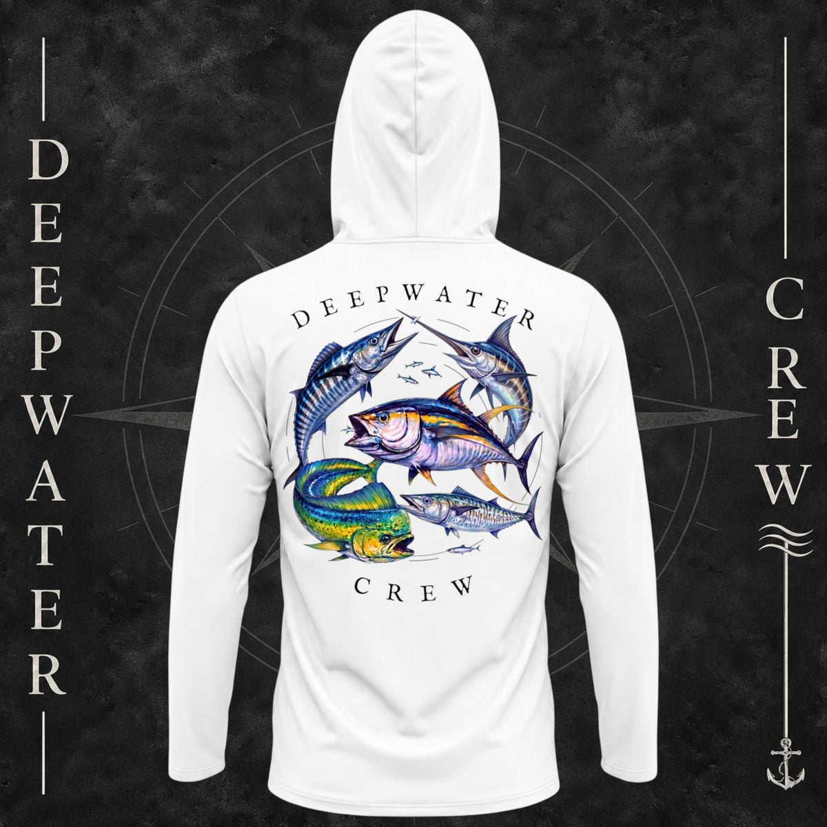 White Deepwater Crew Co. Bluewater Strike UPF 50+ performance hoodie, back view with large colorful pelagic game fish collage and Deepwater Crew lettering.