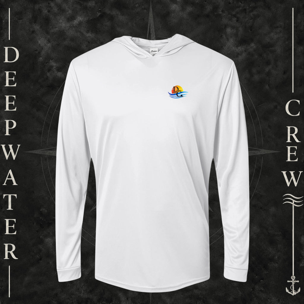 White Deepwater Crew Co. Bluewater Strike UPF 50+ performance hoodie, front view with small DC sunset and ocean wave chest logo.
