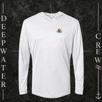 White Deepwater Crew Co. Bluewater Strike UPF 50+ performance hoodie, front view with small DC sunset and ocean wave chest logo.