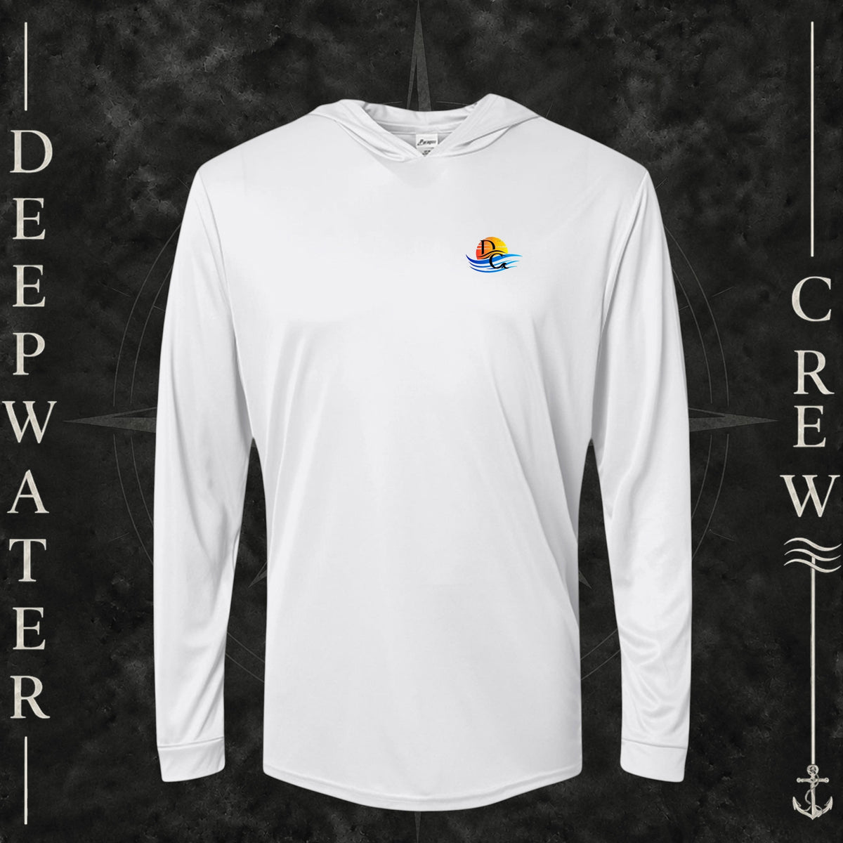 White Deepwater Crew Co. Bluewater Strike UPF 50+ performance hoodie, front view with small DC sunset and ocean wave chest logo.