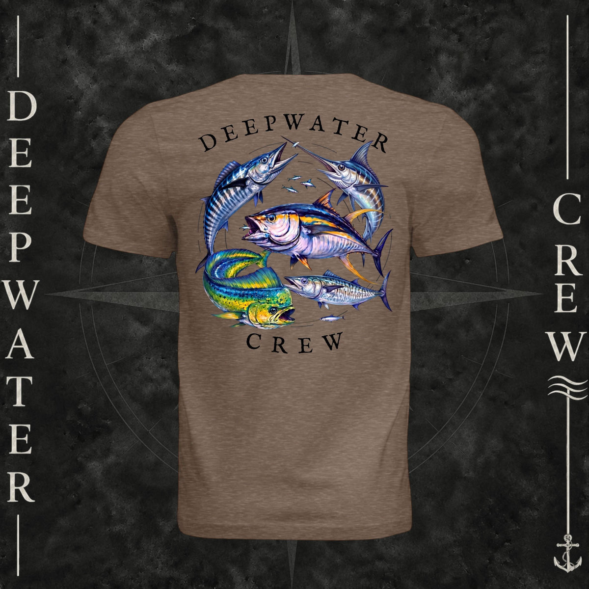 Vintage Brown Deepwater Crew Co. Bluewater Strike crewneck T-shirt, back view with large colorful pelagic game fish collage and Deepwater Crew lettering.