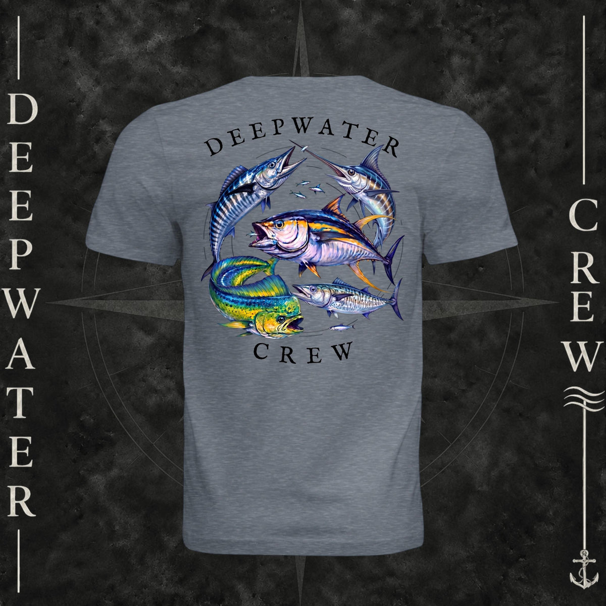 Vintage Denim Deepwater Crew Co. Bluewater Strike crewneck T-shirt, back view with large colorful pelagic game fish collage and Deepwater Crew lettering.
