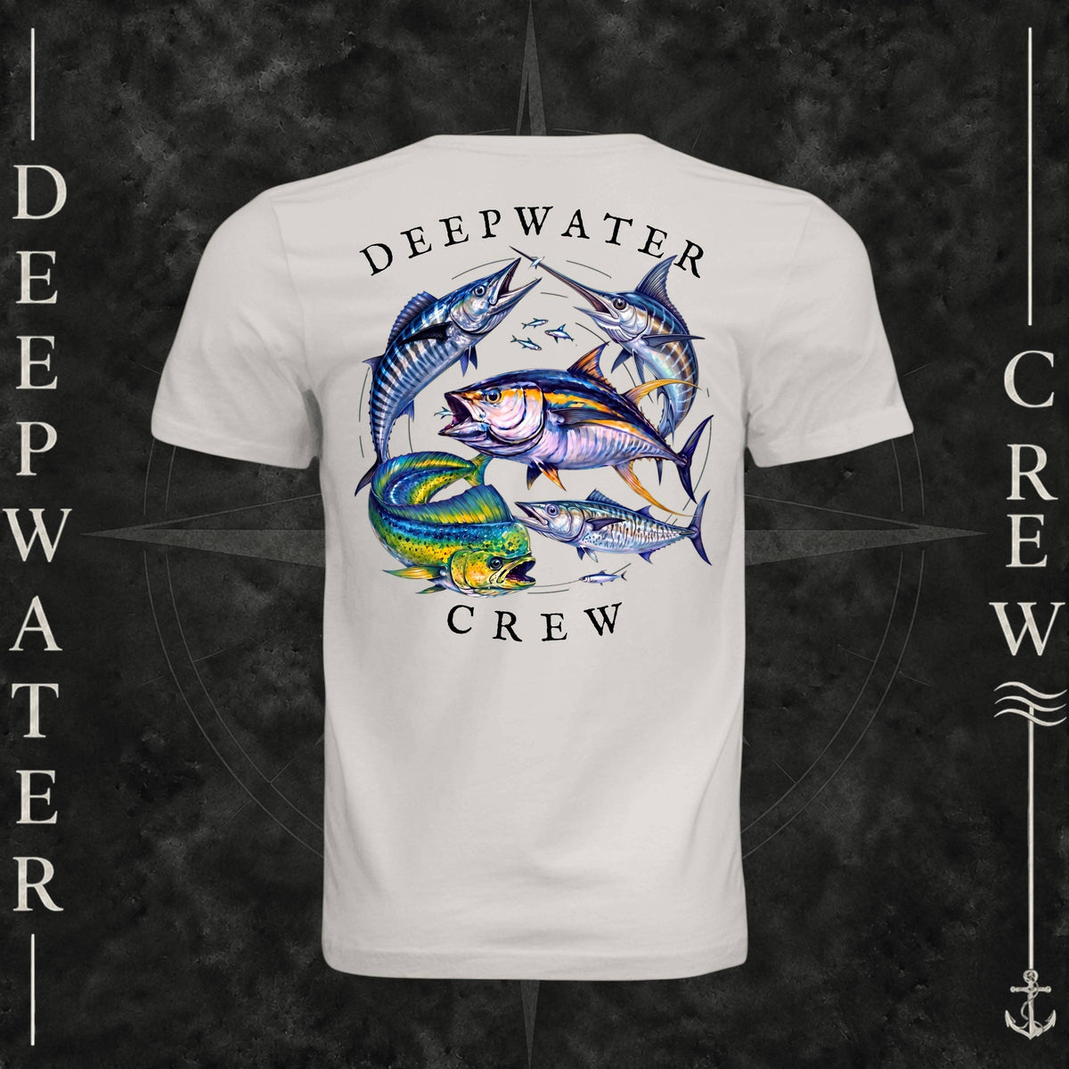 Vintage White Deepwater Crew Co. Bluewater Strike crewneck T-shirt, back view with large colorful pelagic game fish collage and Deepwater Crew lettering.