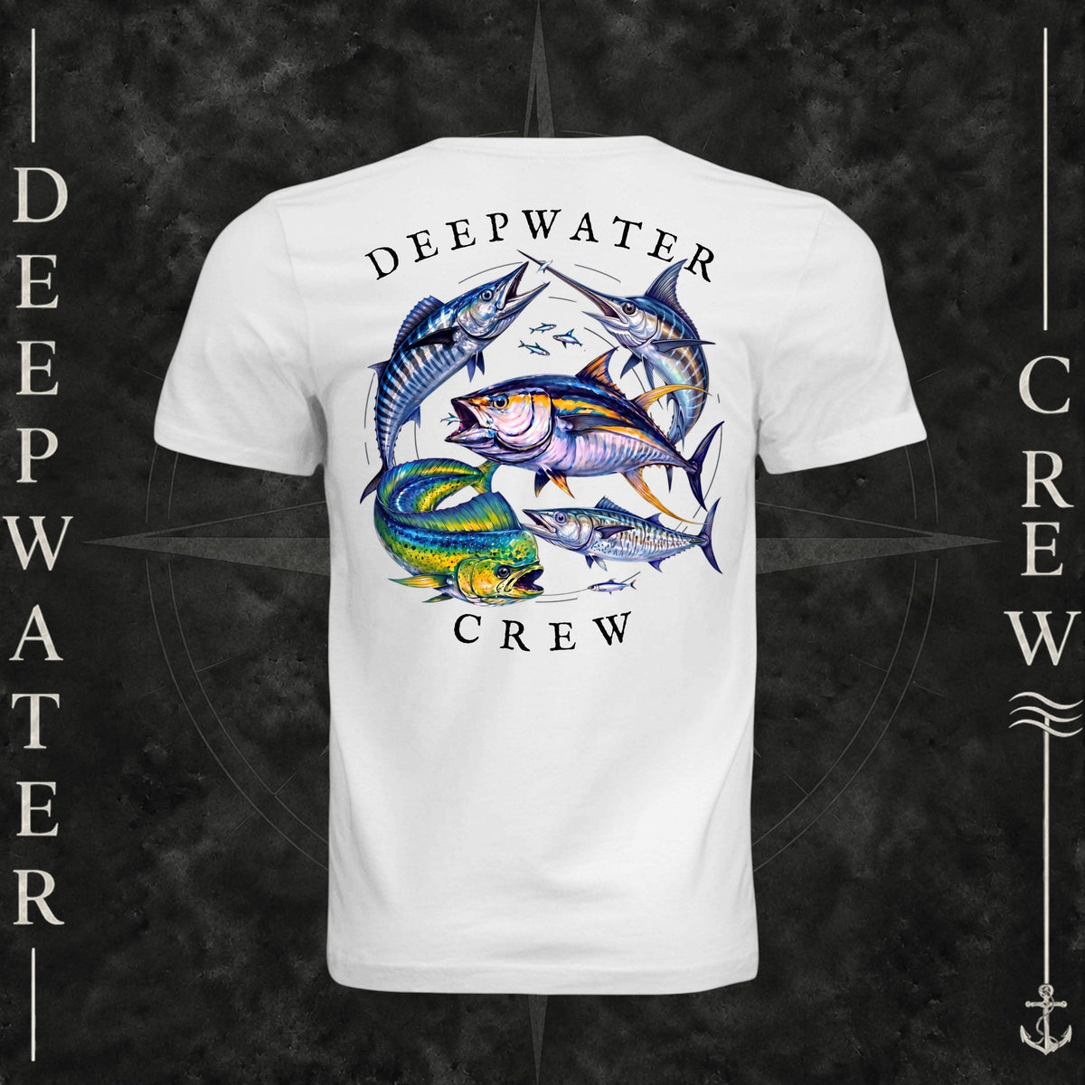 White Deepwater Crew Co. Bluewater Strike crewneck T-shirt, back view with large colorful pelagic game fish collage and Deepwater Crew lettering.