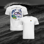 White Deepwater Crew Co. Bluewater Strike crewneck T-shirt showing front and back views, with small DC sunset-and-wave crest logo and large colorful pelagic game fish collage with Deepwater Crew lettering. Background is a dark ocean wave cresting over the top of the shirt.