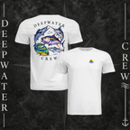 White Deepwater Crew Co. Bluewater Strike crewneck T-shirt showing front and back views, with small DC sunset-and-wave crest logo and large colorful pelagic game fish collage with Deepwater Crew lettering.
