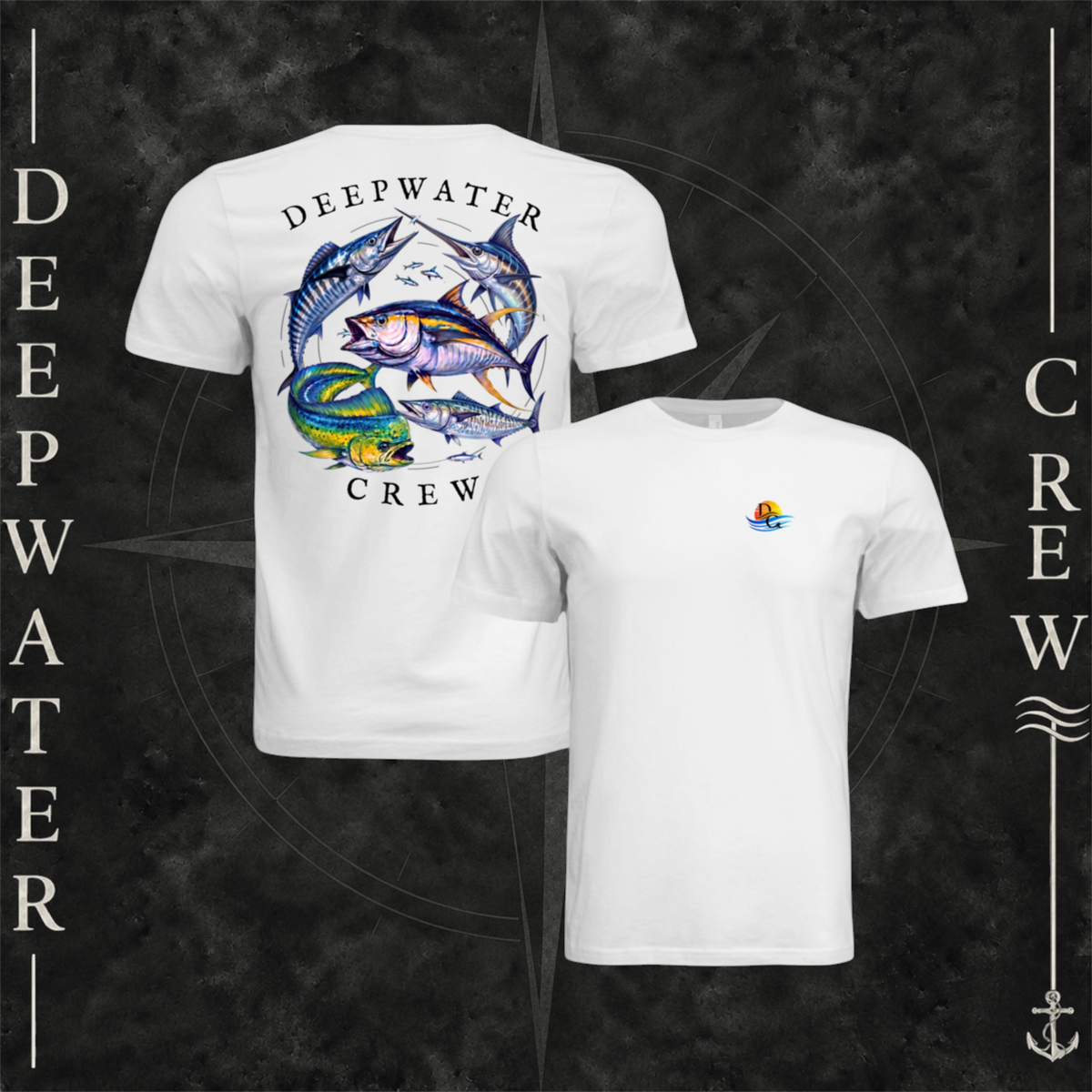 White Deepwater Crew Co. Bluewater Strike crewneck T-shirt showing front and back views, with small DC sunset-and-wave crest logo and large colorful pelagic game fish collage with Deepwater Crew lettering.