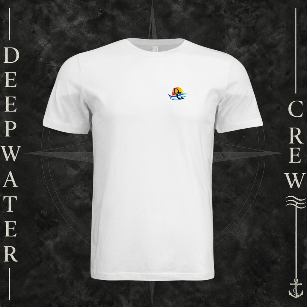White Deepwater Crew Co. Bluewater Strike crewneck T-shirt, front view with small DC sunset and ocean wave chest logo.