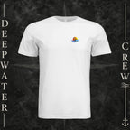 White Deepwater Crew Co. Bluewater Strike crewneck T-shirt, front view with small DC sunset and ocean wave chest logo.