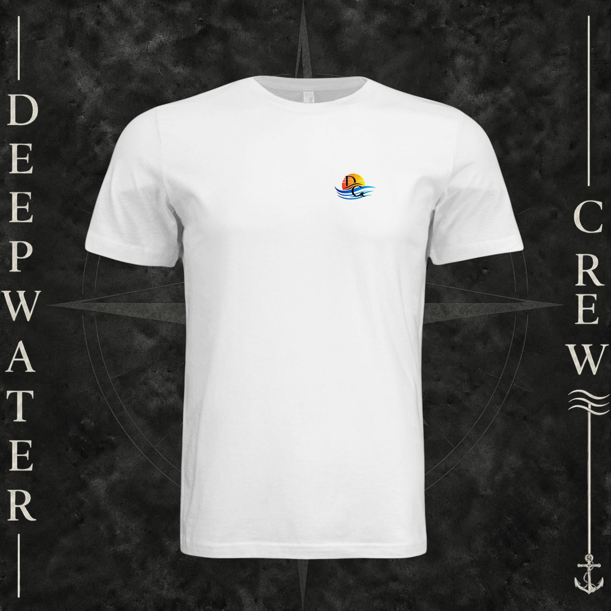 White Deepwater Crew Co. Bluewater Strike crewneck T-shirt, front view with small DC sunset and ocean wave chest logo.