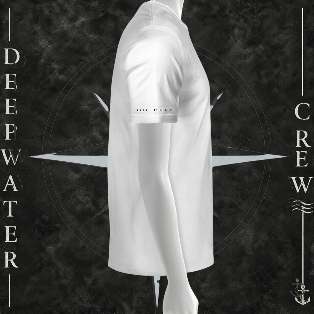 White Deepwater Crew Co. Bluewater Strike crewneck T-shirt, right-side view showing “GO DEEP” lettering printed near the sleeve hem.