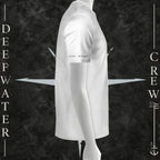 White Deepwater Crew Co. Bluewater Strike crewneck T-shirt, right-side view showing “GO DEEP” lettering printed near the sleeve hem.