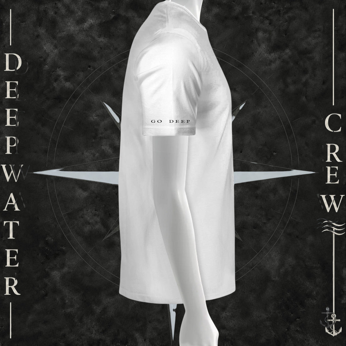 White Deepwater Crew Co. Bluewater Strike crewneck T-shirt, right-side view showing “GO DEEP” lettering printed near the sleeve hem.
