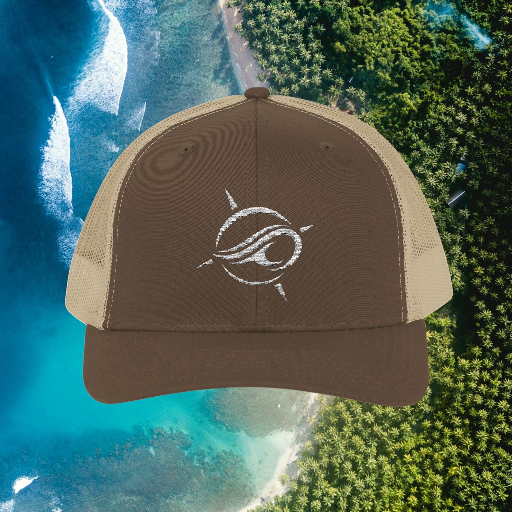 Deepwater Crew Co. brown cotton-polyester trucker hat with white embroidered wave logo and tan mesh back.
