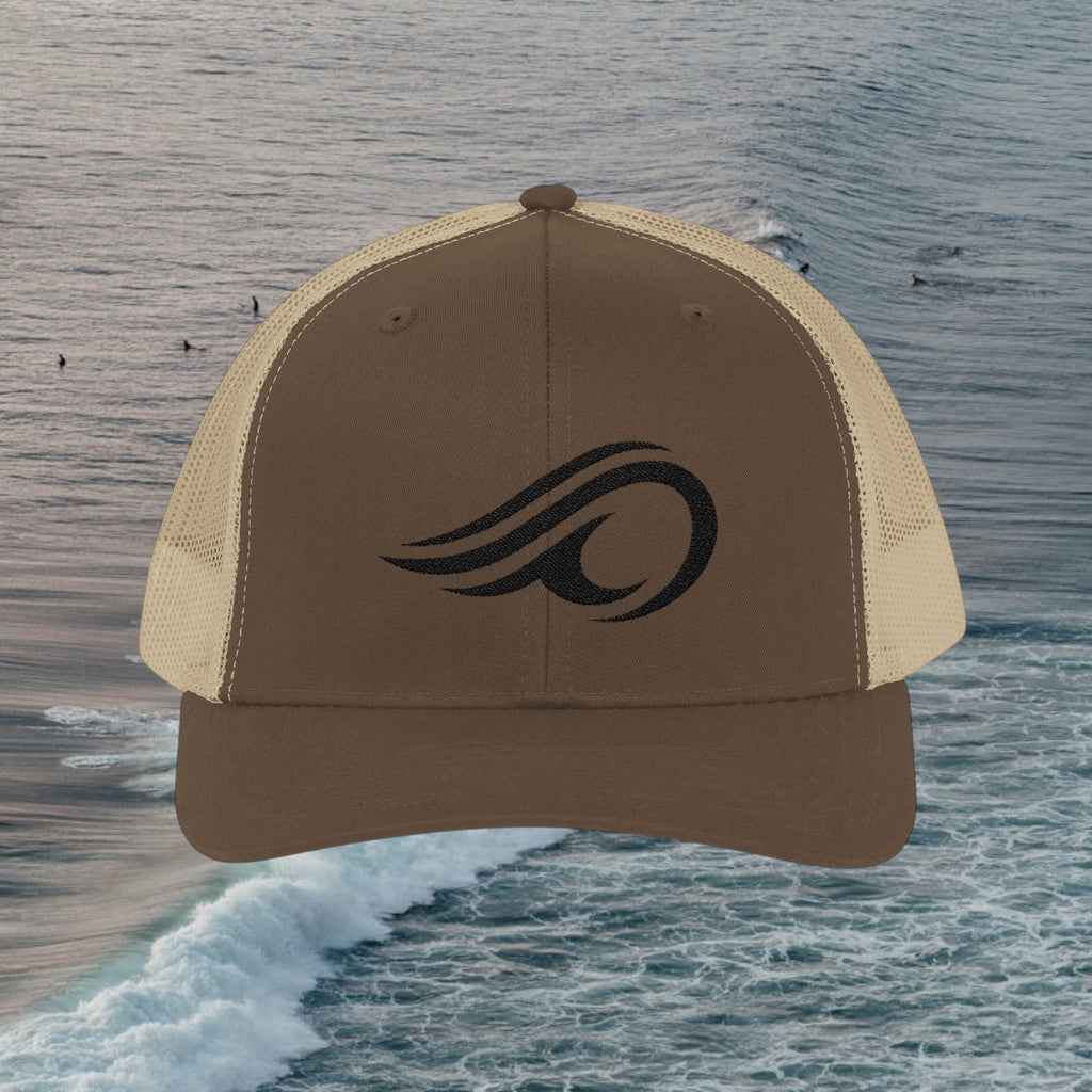 Deepwater Crew Co. brown cotton-polyester blend trucker hat with black wave logo and tan mesh back.