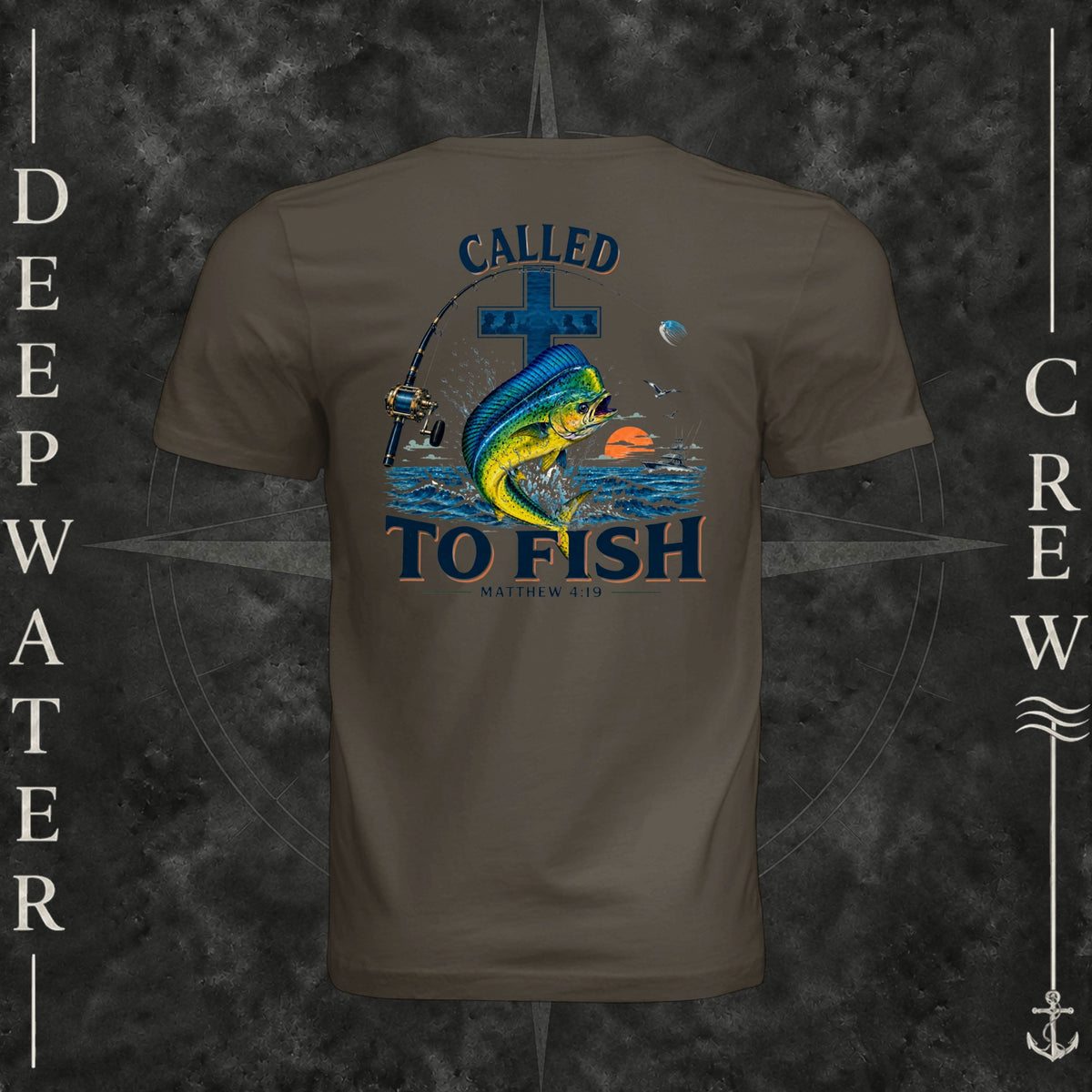 Army Deepwater Crew Co. Called to Fish crewneck T-shirt, back view with cross, mahi-mahi, waves, offshore fishing elements, Matthew 4:19, and Called to Fish lettering.