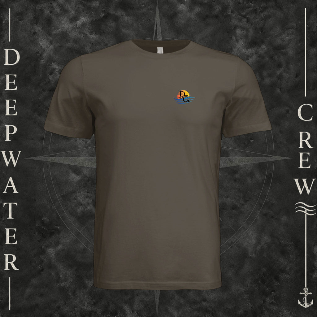 Army Deepwater Crew Co. Called to Fish crewneck T-shirt, front view with small sunset-and-wave crest with DC logo.