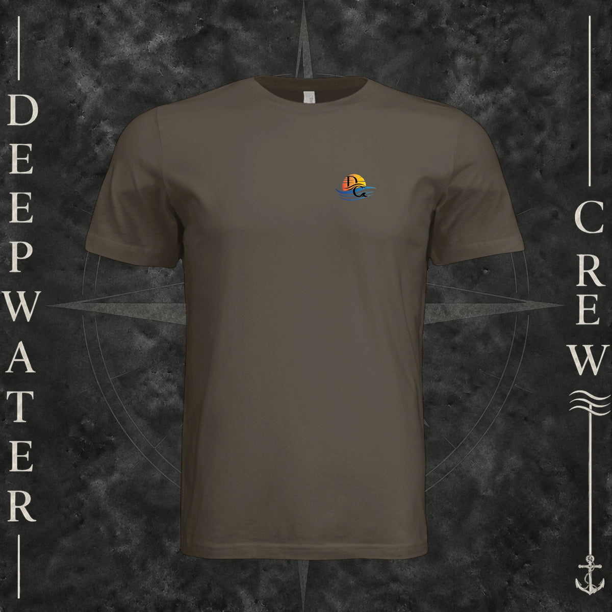 Army Deepwater Crew Co. Called to Fish crewneck T-shirt, front view with small sunset-and-wave crest with DC logo.