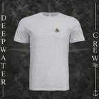 Ash Deepwater Crew Co. Called to Fish crewneck T-shirt, front view with small sunset-and-wave crest with DC logo.