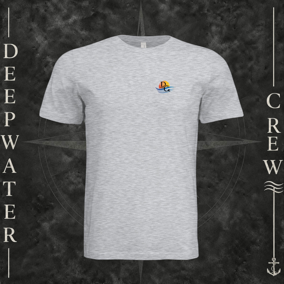 Ash Deepwater Crew Co. Called to Fish crewneck T-shirt, front view with small sunset-and-wave crest with DC logo.