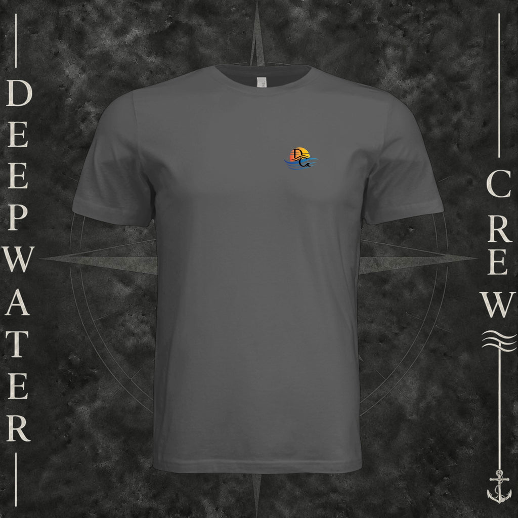 Asphalt Deepwater Crew Co. Called to Fish crewneck T-shirt, front view with small sunset-and-wave crest with DC logo.