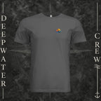 Asphalt Deepwater Crew Co. Called to Fish crewneck T-shirt, front view with small sunset-and-wave crest with DC logo.