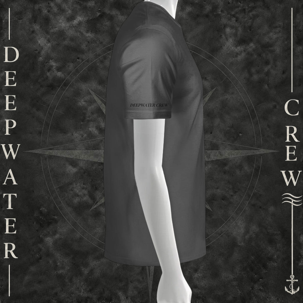 Asphalt Deepwater Crew Co. Called to Fish T-shirt, right-side view showing Deepwater Crew sleeve print.