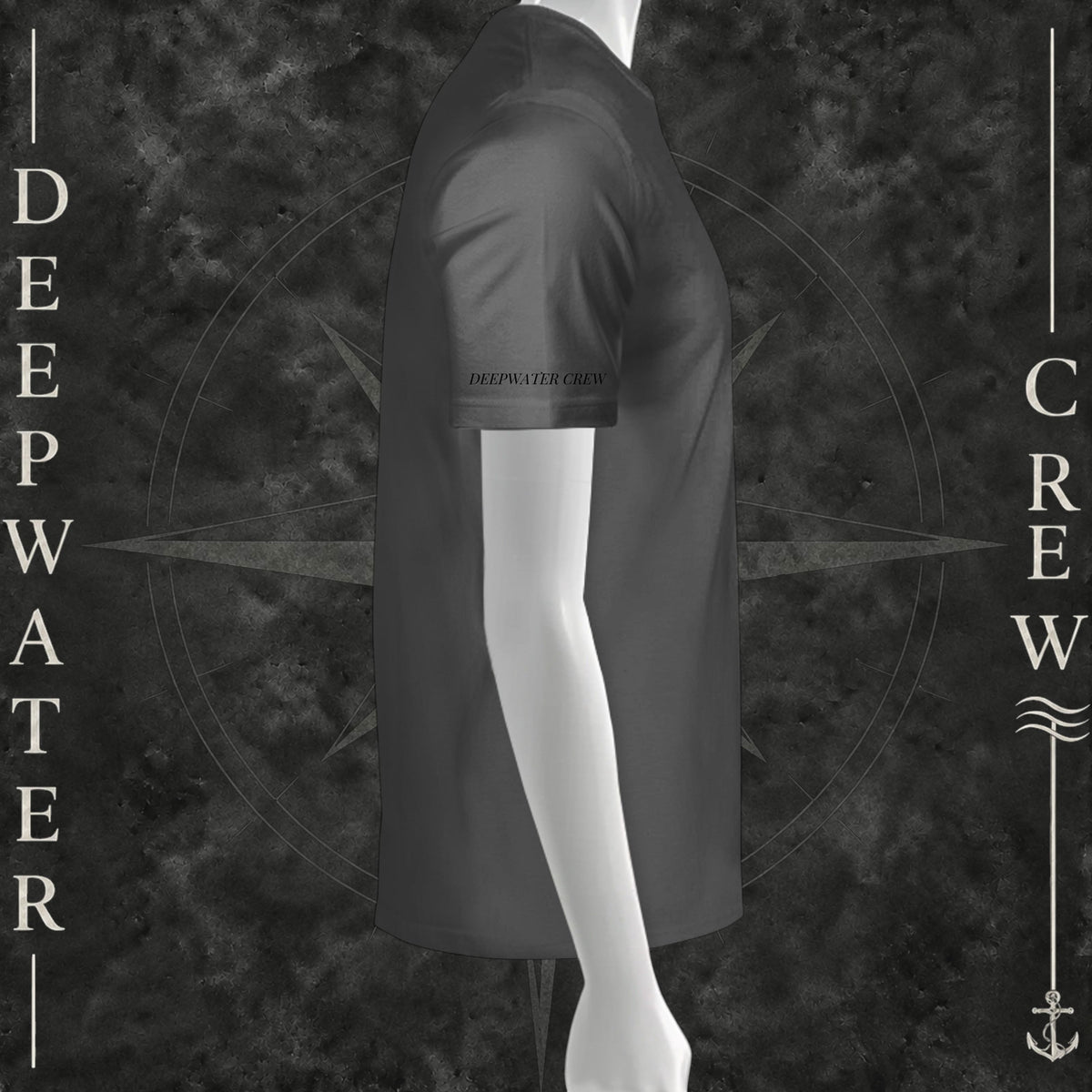 Asphalt Deepwater Crew Co. Called to Fish T-shirt, right-side view showing Deepwater Crew sleeve print.