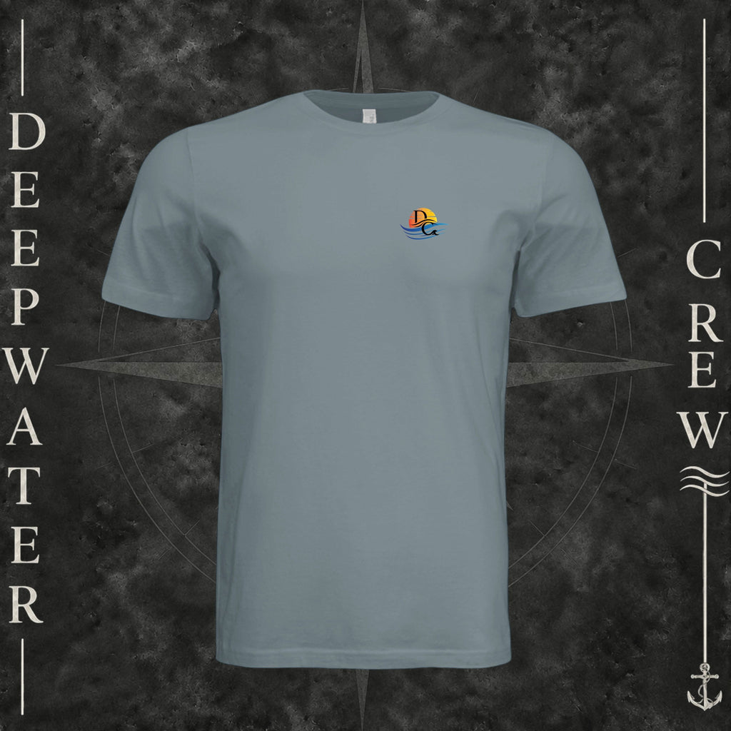 Blue Storm Deepwater Crew Co. Called to Fish crewneck T-shirt, front view with small sunset-and-wave crest with DC logo.